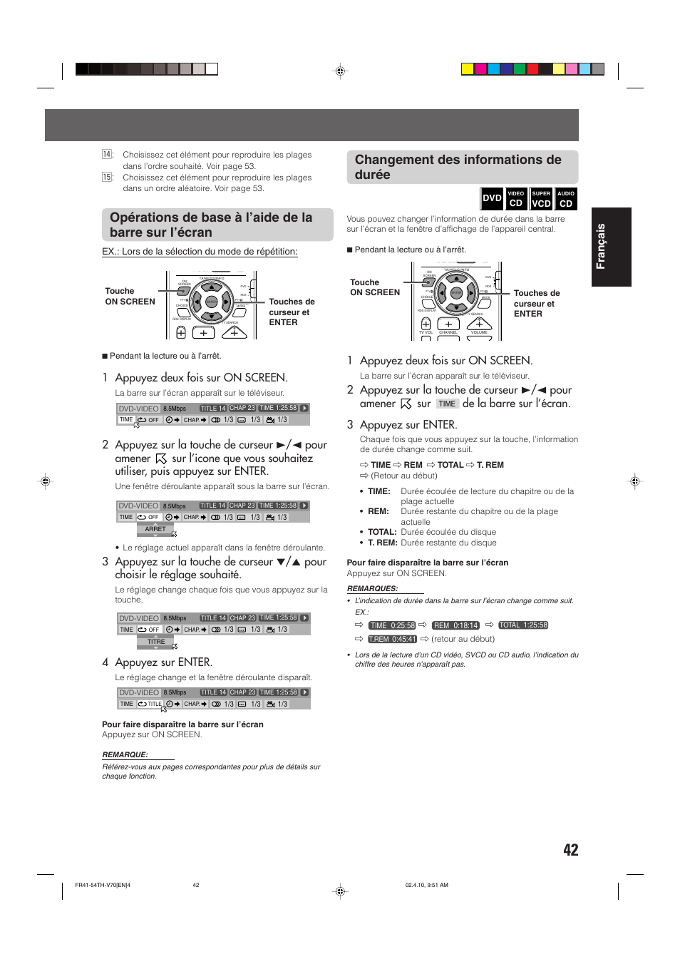 Changement des informations de durée, Fran ç ais, 1 appuyez deux fois sur on screen | 4 appuyez sur enter, De la barre sur l’écran. 3 appuyez sur enter, Ex.: lors de la sélection du mode de répétition | JVC DVD CINEMA SYSTEM TH-V70R User Manual | Page 125 / 241