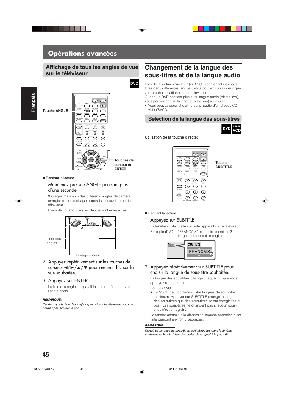 Opérations avancées, Sélection de la langue des sous-titres, Fran ç ais | 1 appuyez sur subtitle, Utilisation de la touche directe, Francais, 7 pendant la lecture, Touches de curseur et enter touche angle, Liste des angles, Touche subtitle | JVC DVD CINEMA SYSTEM TH-V70R User Manual | Page 128 / 241
