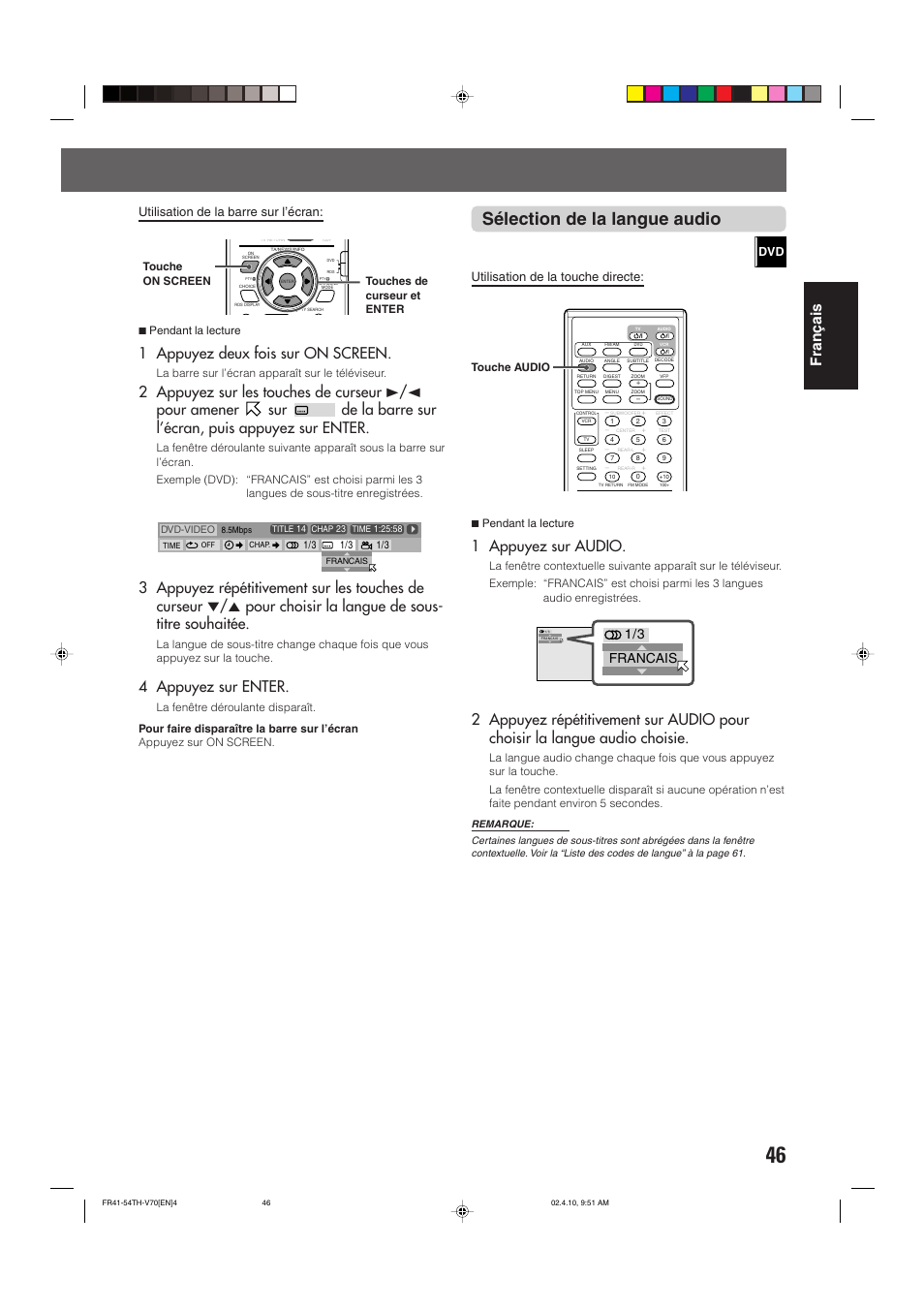 Sélection de la langue audio, Fran ç ais, 1 appuyez deux fois sur on screen | 4 appuyez sur enter, 1 appuyez sur audio, Utilisation de la barre sur l’écran, Utilisation de la touche directe, Francais | JVC DVD CINEMA SYSTEM TH-V70R User Manual | Page 129 / 241