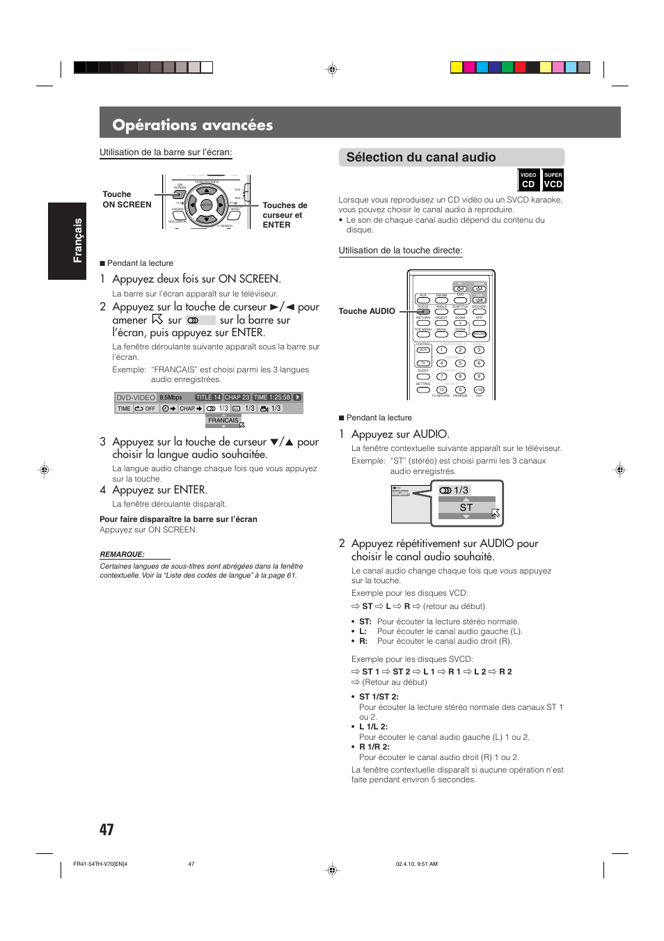 Opérations avancées, Sélection du canal audio, Fran ç ais | 1 appuyez deux fois sur on screen, 4 appuyez sur enter, 1 appuyez sur audio, Utilisation de la barre sur l’écran, Utilisation de la touche directe | JVC DVD CINEMA SYSTEM TH-V70R User Manual | Page 130 / 241