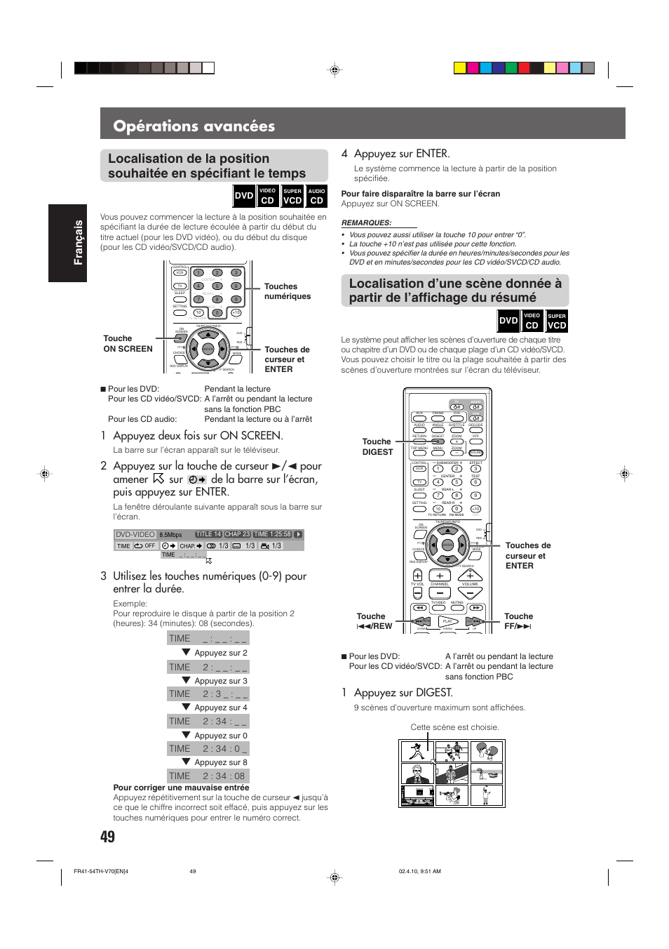 Opérations avancées, Fran ç ais, 1 appuyez deux fois sur on screen | 1 appuyez sur digest, 4 appuyez sur enter | JVC DVD CINEMA SYSTEM TH-V70R User Manual | Page 132 / 241