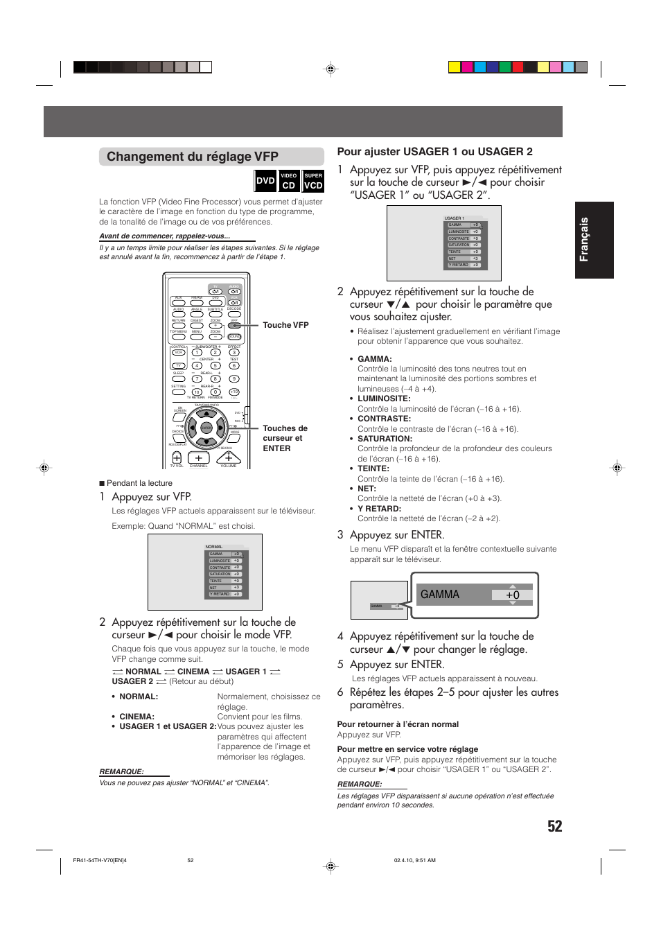Changement du réglage vfp, 0 gamma, Fran ç ais | 1 appuyez sur vfp, 3 appuyez sur enter | JVC DVD CINEMA SYSTEM TH-V70R User Manual | Page 135 / 241