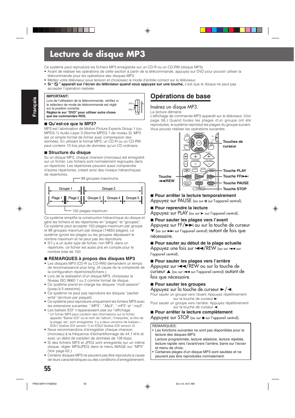 Lecture de disque mp3, Opérations de base, Français | Insérez un disque mp3, Appuyez sur pause, Appuyez sur play, Appuyez sur ff/ ¢ ou sur la touche de curseur, Autant de fois que nécessaire, Appuyez une fois sur 4/rew, Appuyez sur 4/rew ou sur la touche de curseur 5 | JVC DVD CINEMA SYSTEM TH-V70R User Manual | Page 138 / 241
