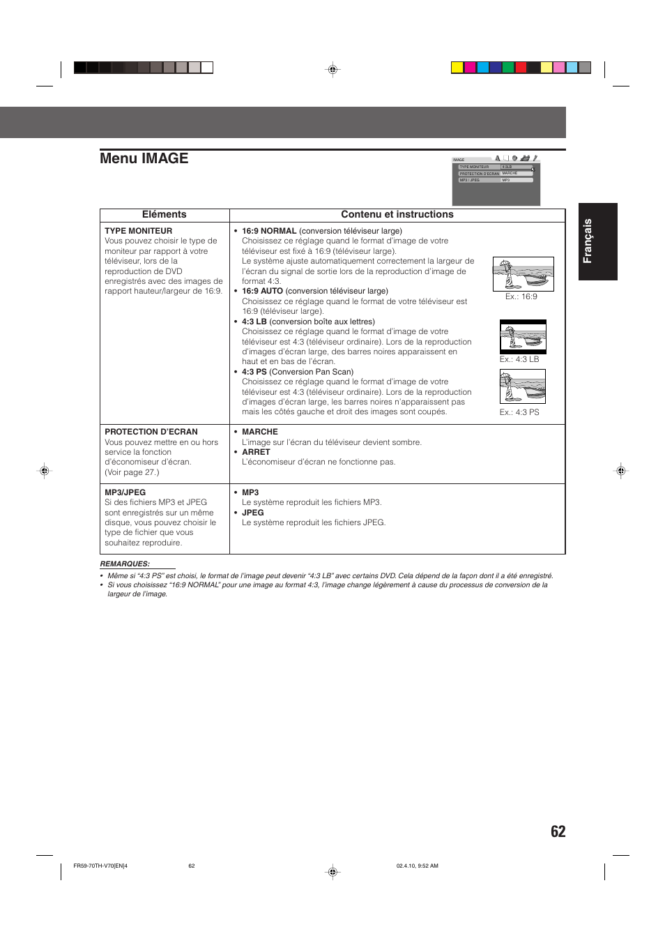 Menu image, Fran ç ais | JVC DVD CINEMA SYSTEM TH-V70R User Manual | Page 145 / 241