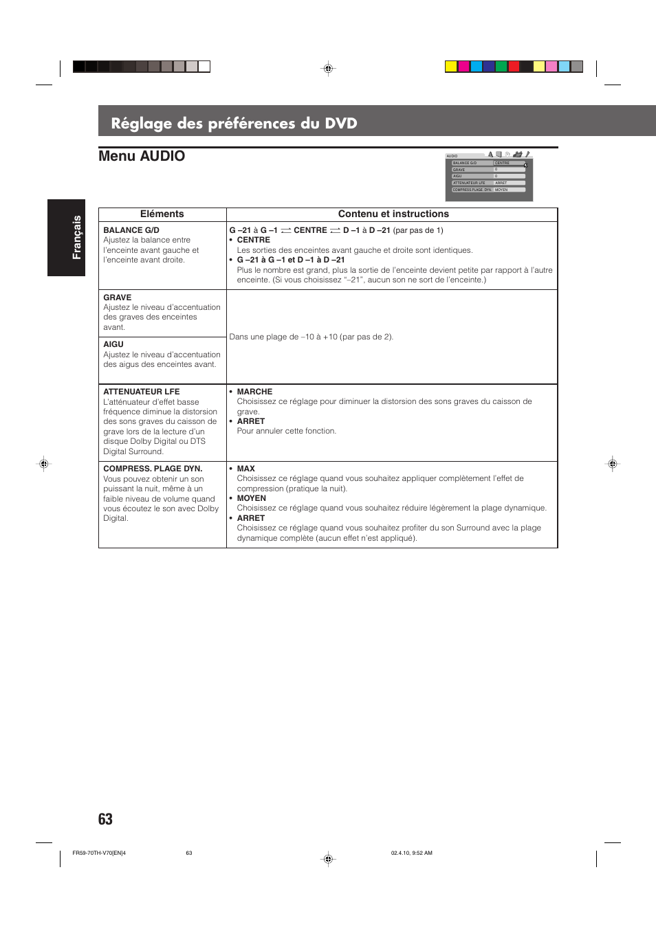 Réglage des préférences du dvd, Menu audio, Fran ç ais | Eléments, Contenu et instructions | JVC DVD CINEMA SYSTEM TH-V70R User Manual | Page 146 / 241