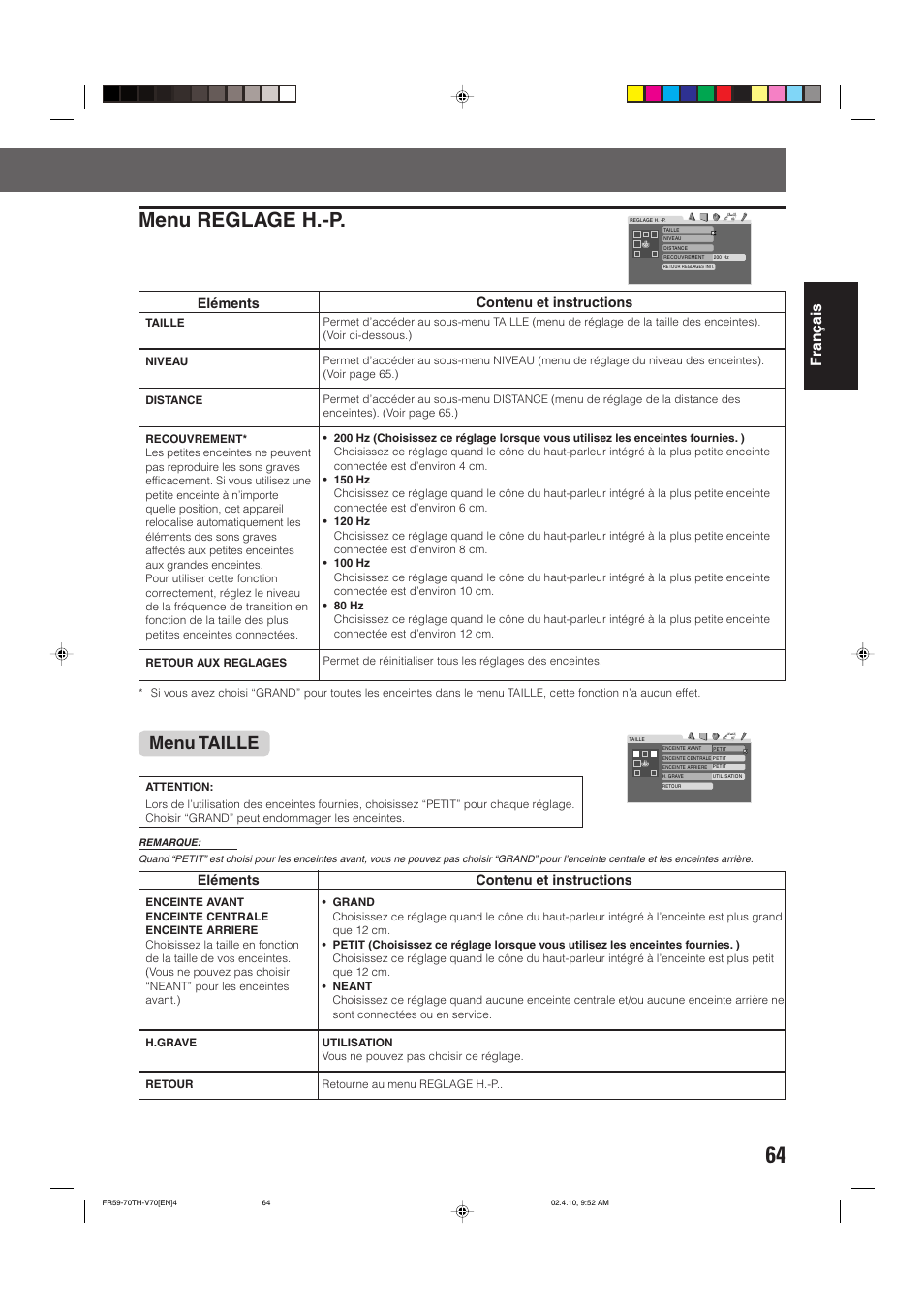 Menu reglage h.-p, Menu taille, Fran ç ais | Eléments, Contenu et instructions | JVC DVD CINEMA SYSTEM TH-V70R User Manual | Page 147 / 241