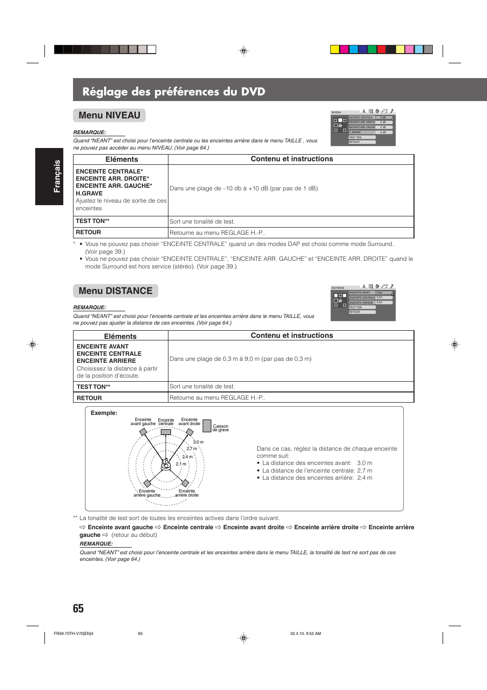 Réglage des préférences du dvd, Menu distance, Menu niveau | Fran ç ais, Eléments, Contenu et instructions | JVC DVD CINEMA SYSTEM TH-V70R User Manual | Page 148 / 241
