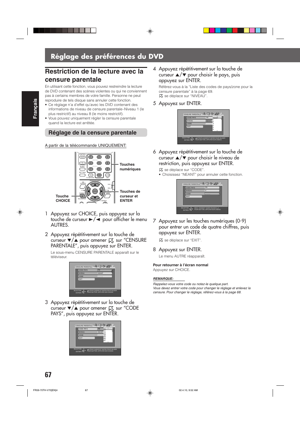 Réglage des préférences du dvd, Réglage de la censure parentale, Fran ç ais | 8 appuyez sur enter, A partir de la télécommande uniquement | JVC DVD CINEMA SYSTEM TH-V70R User Manual | Page 150 / 241