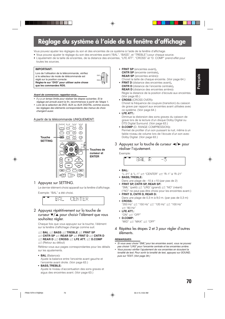 Fran ç ais, 1 appuyez sur setting, A partir de la télécommande uniquement | JVC DVD CINEMA SYSTEM TH-V70R User Manual | Page 153 / 241