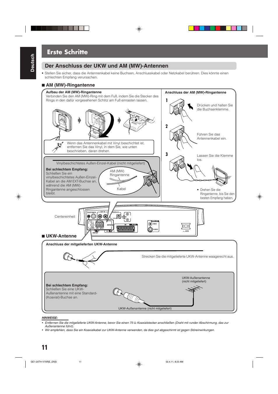Erste schritte, Der anschluss der ukw und am (mw)-antennen, Deutsch | 7 am (mw)-ringantenne, 7 ukw-antenne | JVC DVD CINEMA SYSTEM TH-V70R User Manual | Page 16 / 241
