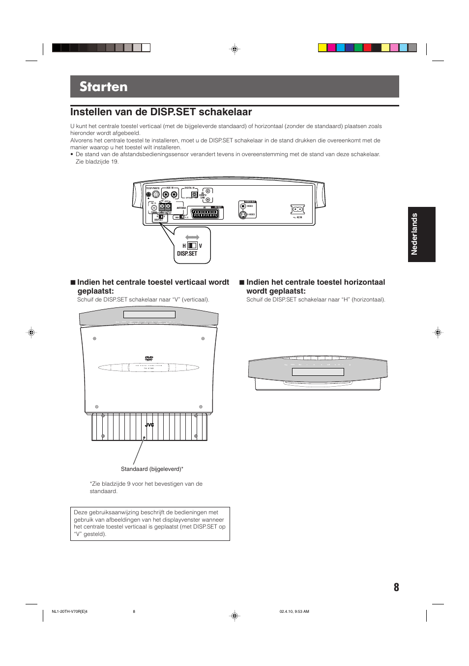 Starten, Instellen van de disp.set schakelaar, Nederlands | Disp.set | JVC DVD CINEMA SYSTEM TH-V70R User Manual | Page 169 / 241