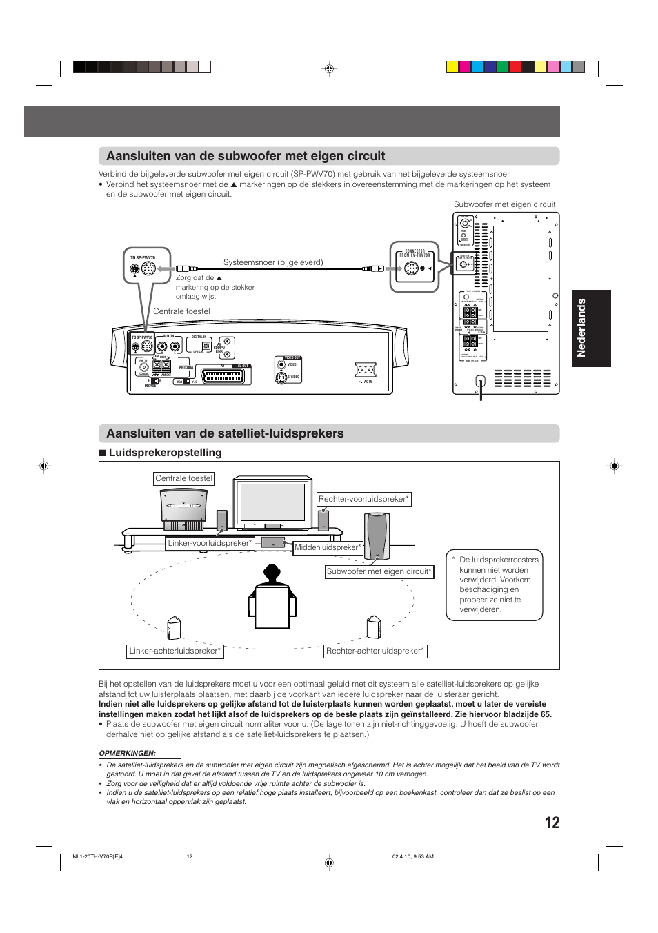 Aansluiten van de subwoofer met eigen circuit, Aansluiten van de satelliet-luidsprekers, Nederlands | 7 luidsprekeropstelling, Systeemsnoer (bijgeleverd), Rechter-achterluidspreker | JVC DVD CINEMA SYSTEM TH-V70R User Manual | Page 173 / 241