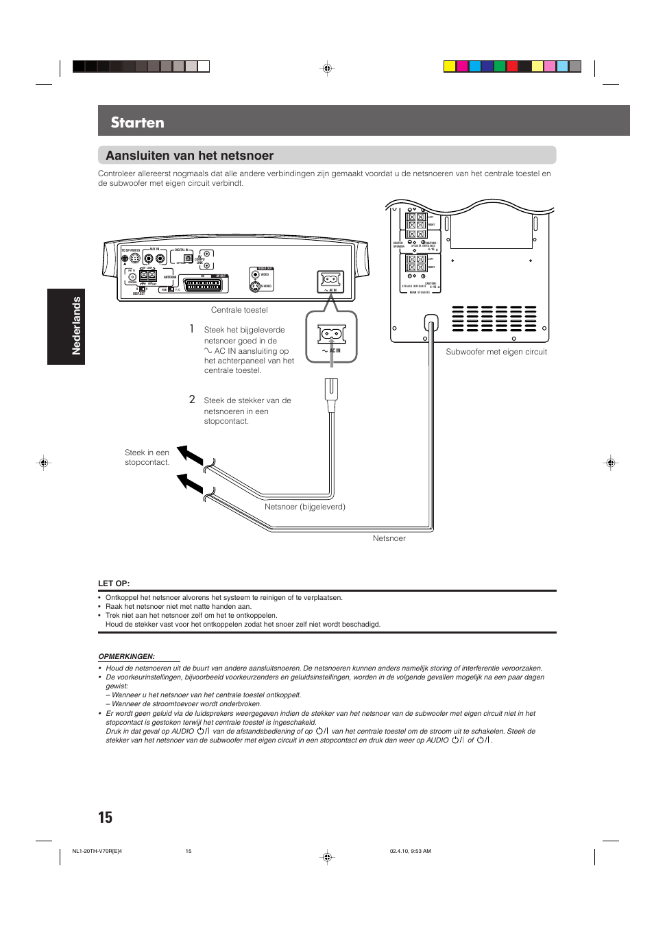 Starten, Aansluiten van het netsnoer, Nederlands | JVC DVD CINEMA SYSTEM TH-V70R User Manual | Page 176 / 241