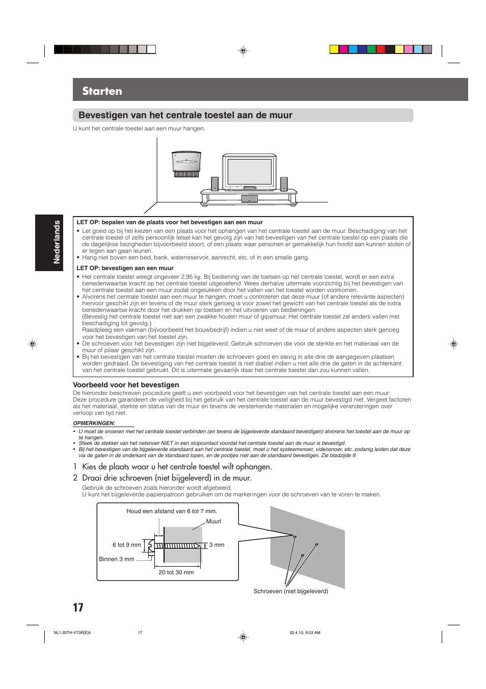 Starten, Bevestigen van het centrale toestel aan de muur | JVC DVD CINEMA SYSTEM TH-V70R User Manual | Page 178 / 241