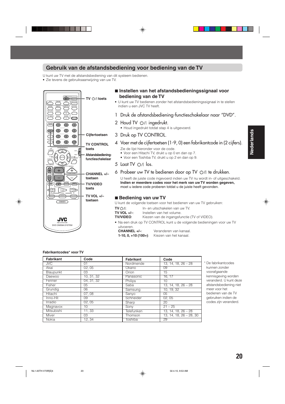 Nederlands, 7 bediening van uw tv | JVC DVD CINEMA SYSTEM TH-V70R User Manual | Page 181 / 241