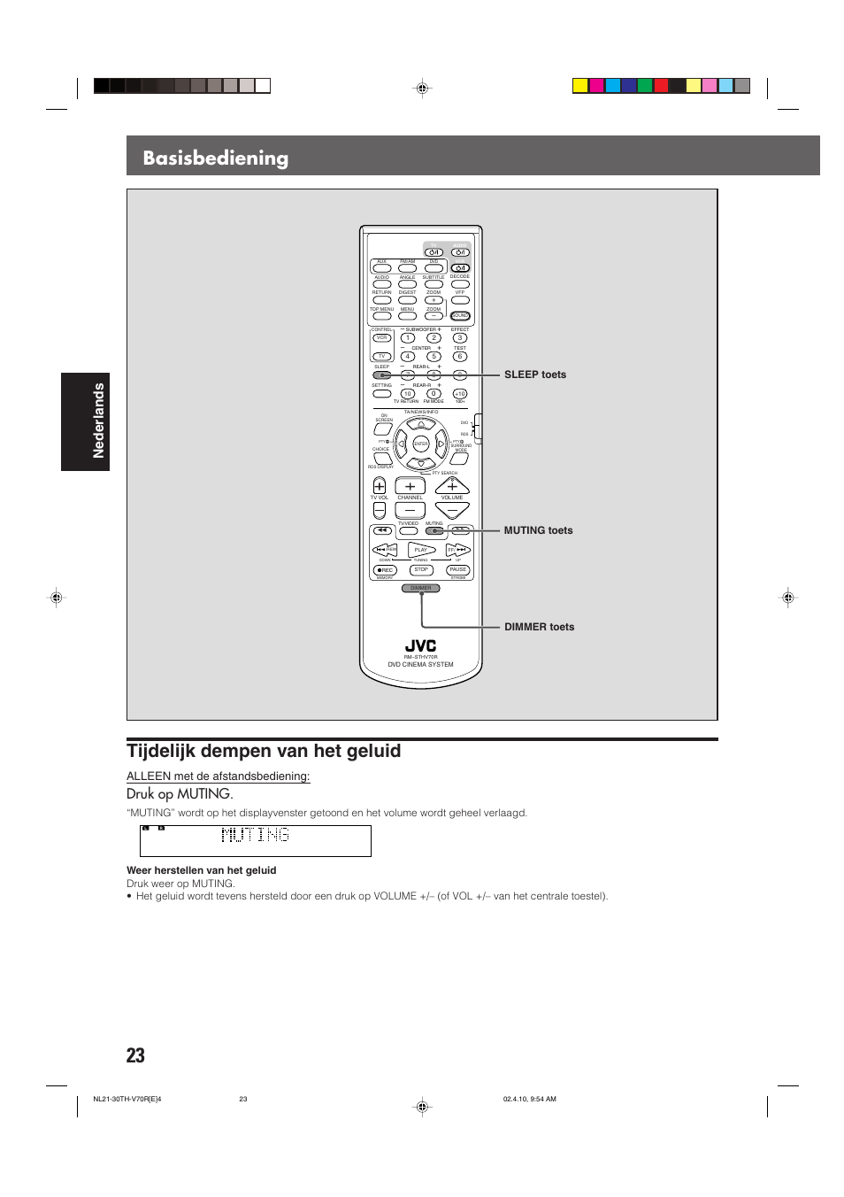 Tijdelijk dempen van het geluid, Basisbediening, Nederlands | Druk op muting, Alleen met de afstandsbediening, Sleep toets, Dimmer toets muting toets | JVC DVD CINEMA SYSTEM TH-V70R User Manual | Page 184 / 241