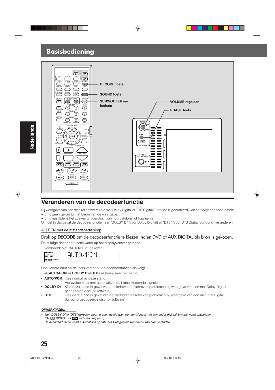 Basisbediening veranderen van de decodeerfunctie, Nederlands, Alleen met de afstandsbediening | Decode toets | JVC DVD CINEMA SYSTEM TH-V70R User Manual | Page 186 / 241