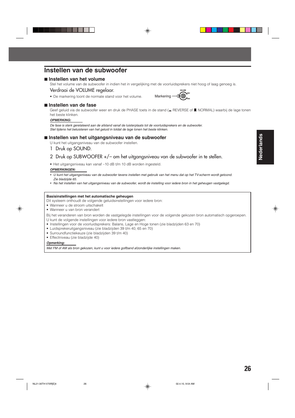 Instellen van de subwoofer, Nederlands, 7 instellen van het volume | Verdraai de volume regelaar, 7 instellen van de fase | JVC DVD CINEMA SYSTEM TH-V70R User Manual | Page 187 / 241