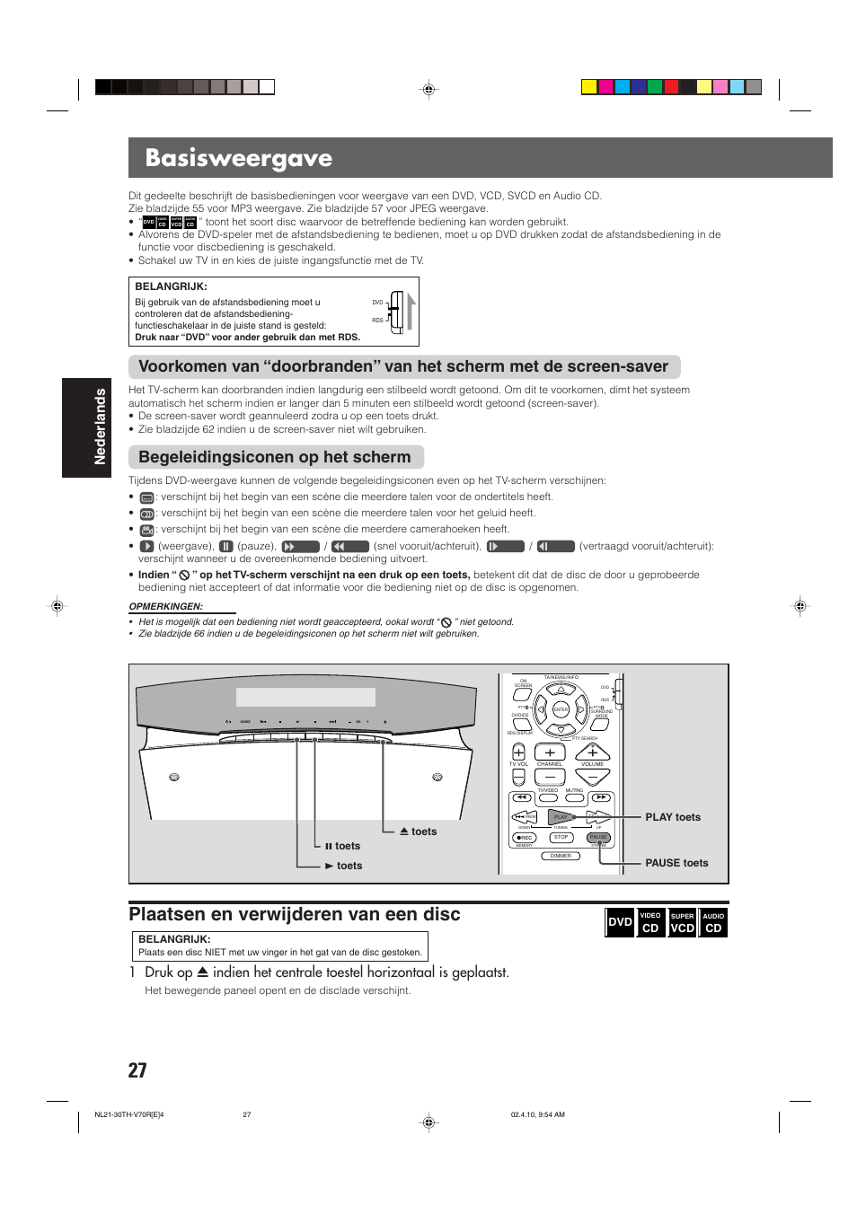 Basisweergave, Plaatsen en verwijderen van een disc, Begeleidingsiconen op het scherm | Nederlands | JVC DVD CINEMA SYSTEM TH-V70R User Manual | Page 188 / 241