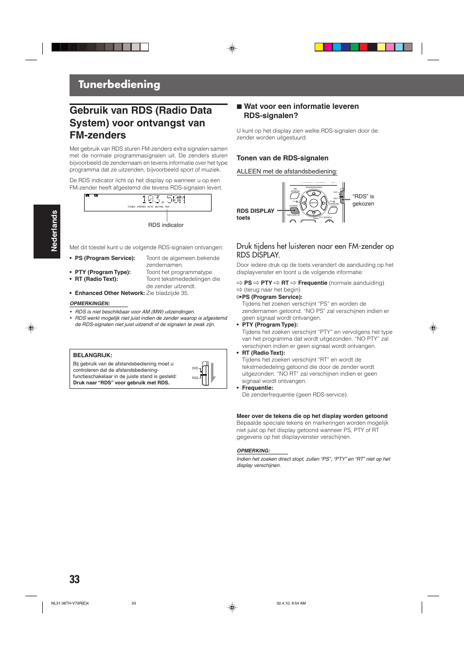 Tunerbediening, Nederlands, 7 wat voor een informatie leveren rds-signalen | Tonen van de rds-signalen, Alleen met de afstandsbediening | JVC DVD CINEMA SYSTEM TH-V70R User Manual | Page 194 / 241