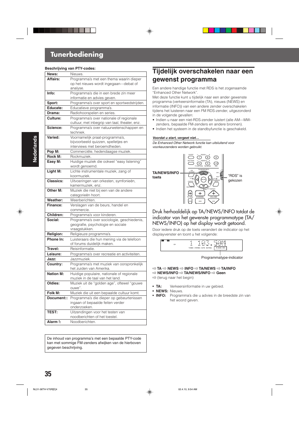 Tijdelijk overschakelen naar een gewenst programma, Tunerbediening, Nederlands | JVC DVD CINEMA SYSTEM TH-V70R User Manual | Page 196 / 241