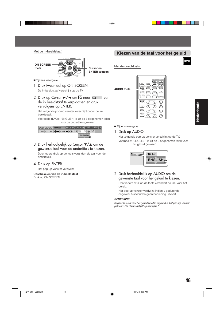 Kiezen van de taal voor het geluid, Nederlands, 1 druk tweemaal op on screen | 4 druk op enter, 1 druk op audio, Met de in-beeldstaaf, Met de direct-toets, English | JVC DVD CINEMA SYSTEM TH-V70R User Manual | Page 207 / 241
