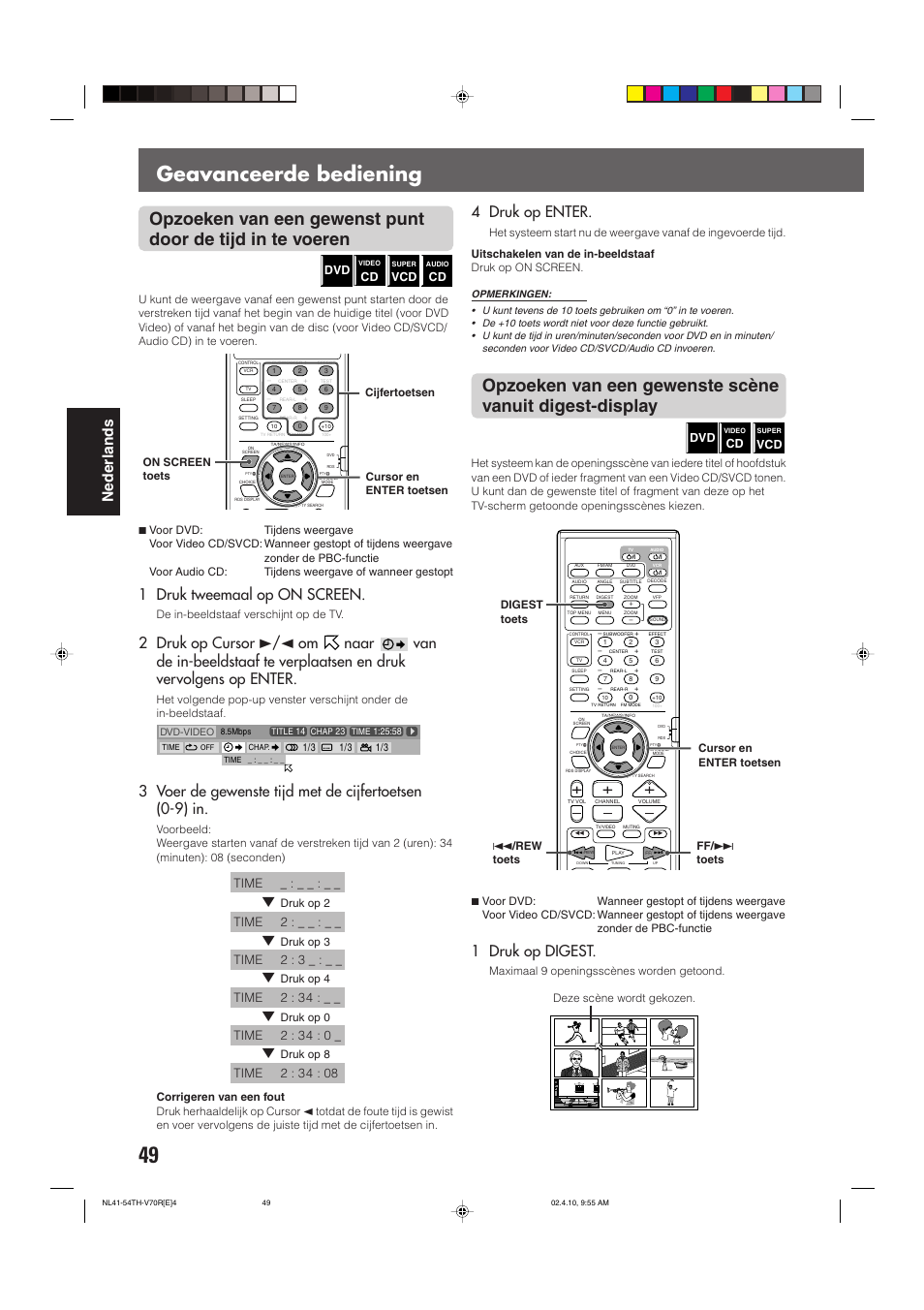 Geavanceerde bediening, Nederlands, 1 druk tweemaal op on screen | 1 druk op digest, 4 druk op enter | JVC DVD CINEMA SYSTEM TH-V70R User Manual | Page 210 / 241