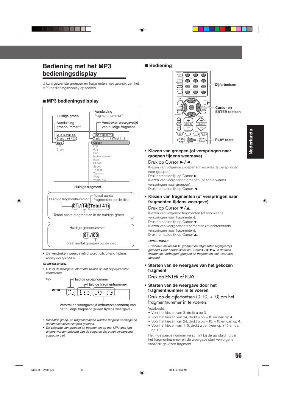 Bediening met het mp3 bedieningsdisplay, Nederlands, 7 bediening | Druk op cursor 3/2, Druk op cursor ∞/5, Druk op enter of play, 7 mp3 bedieningsdisplay, Starten van de weergave van het gekozen fragment | JVC DVD CINEMA SYSTEM TH-V70R User Manual | Page 217 / 241