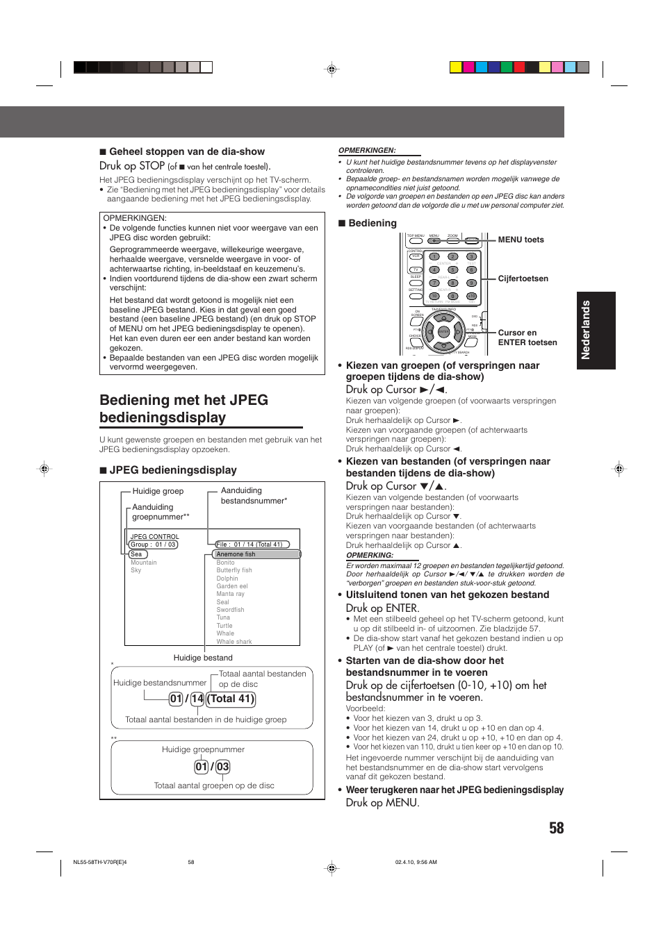 Bediening met het jpeg bedieningsdisplay, Nederlands, Druk op stop | 7 jpeg bedieningsdisplay, Druk op cursor 3/2, Druk op cursor ∞/5, Druk op enter, Druk op menu, 7 geheel stoppen van de dia-show, Uitsluitend tonen van het gekozen bestand | JVC DVD CINEMA SYSTEM TH-V70R User Manual | Page 219 / 241