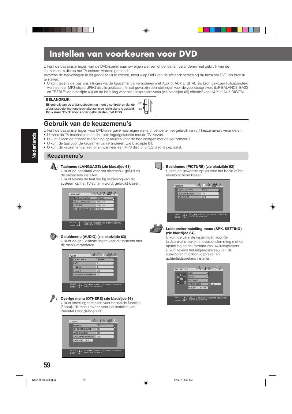 Instellen van voorkeuren voor dvd, Gebruik van de keuzemenu’s, Keuzemenu’s | Nederlands | JVC DVD CINEMA SYSTEM TH-V70R User Manual | Page 220 / 241