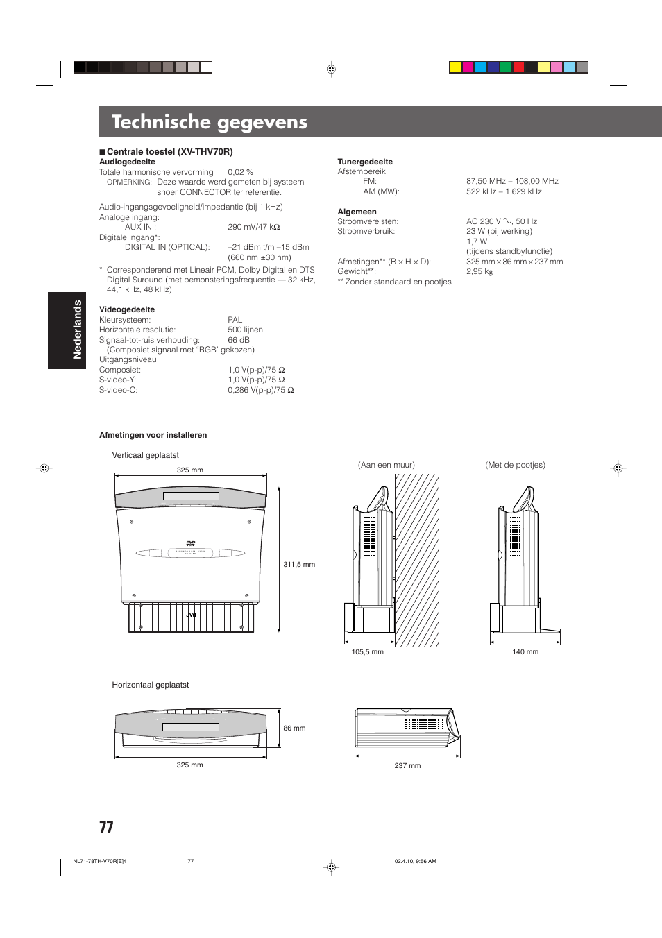 Technische gegevens, Nederlands | JVC DVD CINEMA SYSTEM TH-V70R User Manual | Page 238 / 241