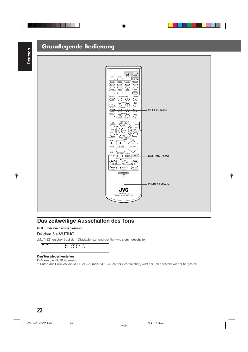 Das zeitweilige ausschalten des tons, Grundlegende bedienung, Deutsch | Drücken sie muting, Nur über die fernbedienung, Sleep-taste, Dimmer-taste muting-taste | JVC DVD CINEMA SYSTEM TH-V70R User Manual | Page 28 / 241