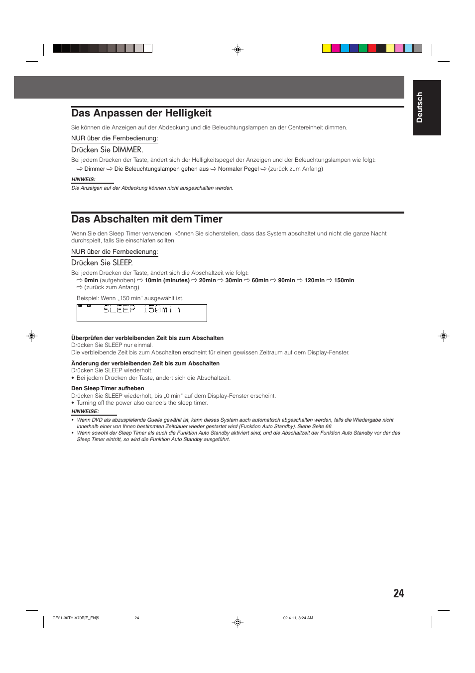 Das anpassen der helligkeit, Das abschalten mit dem timer, Deutsch | Drücken sie dimmer, Drücken sie sleep | JVC DVD CINEMA SYSTEM TH-V70R User Manual | Page 29 / 241