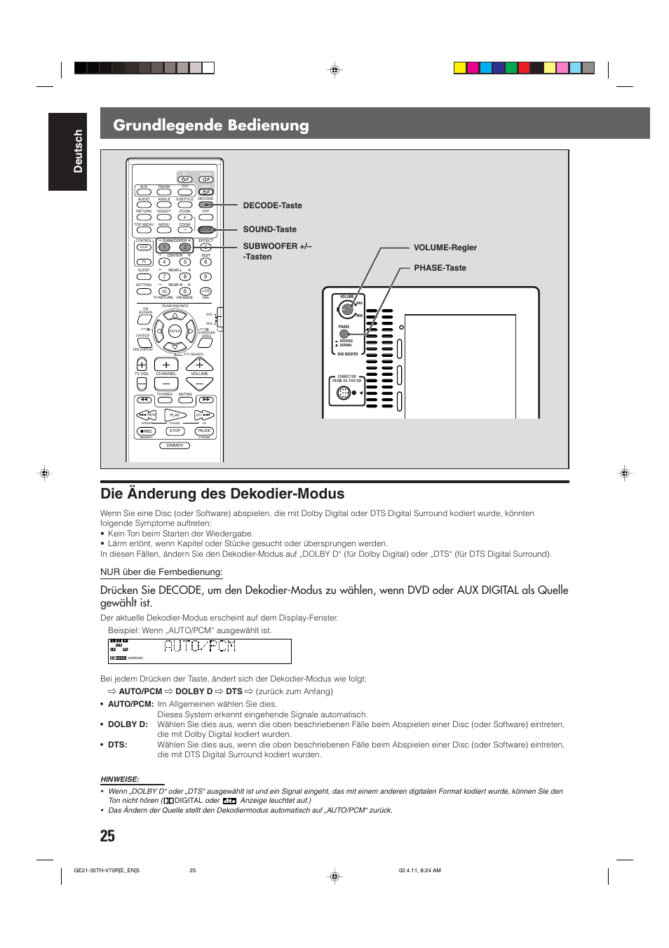 Deutsch, Nur über die fernbedienung, Decode-taste | JVC DVD CINEMA SYSTEM TH-V70R User Manual | Page 30 / 241