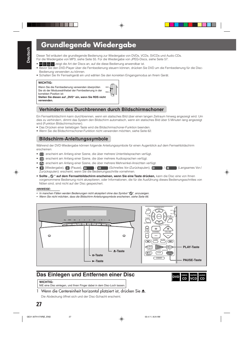 Grundlegende wiedergabe, Das einlegen und entfernen einer disc, Bildschirm-anleitungssymbole | Deutsch | JVC DVD CINEMA SYSTEM TH-V70R User Manual | Page 32 / 241