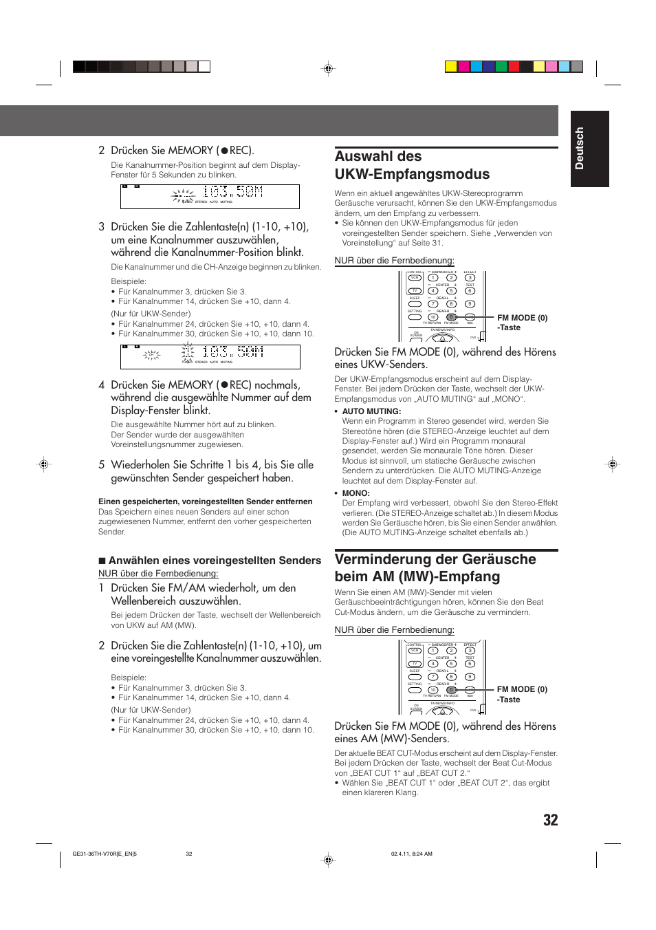 Auswahl des ukw-empfangsmodus, Verminderung der geräusche beim am (mw)-empfang, Rec) | 7 anwählen eines voreingestellten senders, Nur über die fernbedienung, Fm mode (0) -taste | JVC DVD CINEMA SYSTEM TH-V70R User Manual | Page 37 / 241