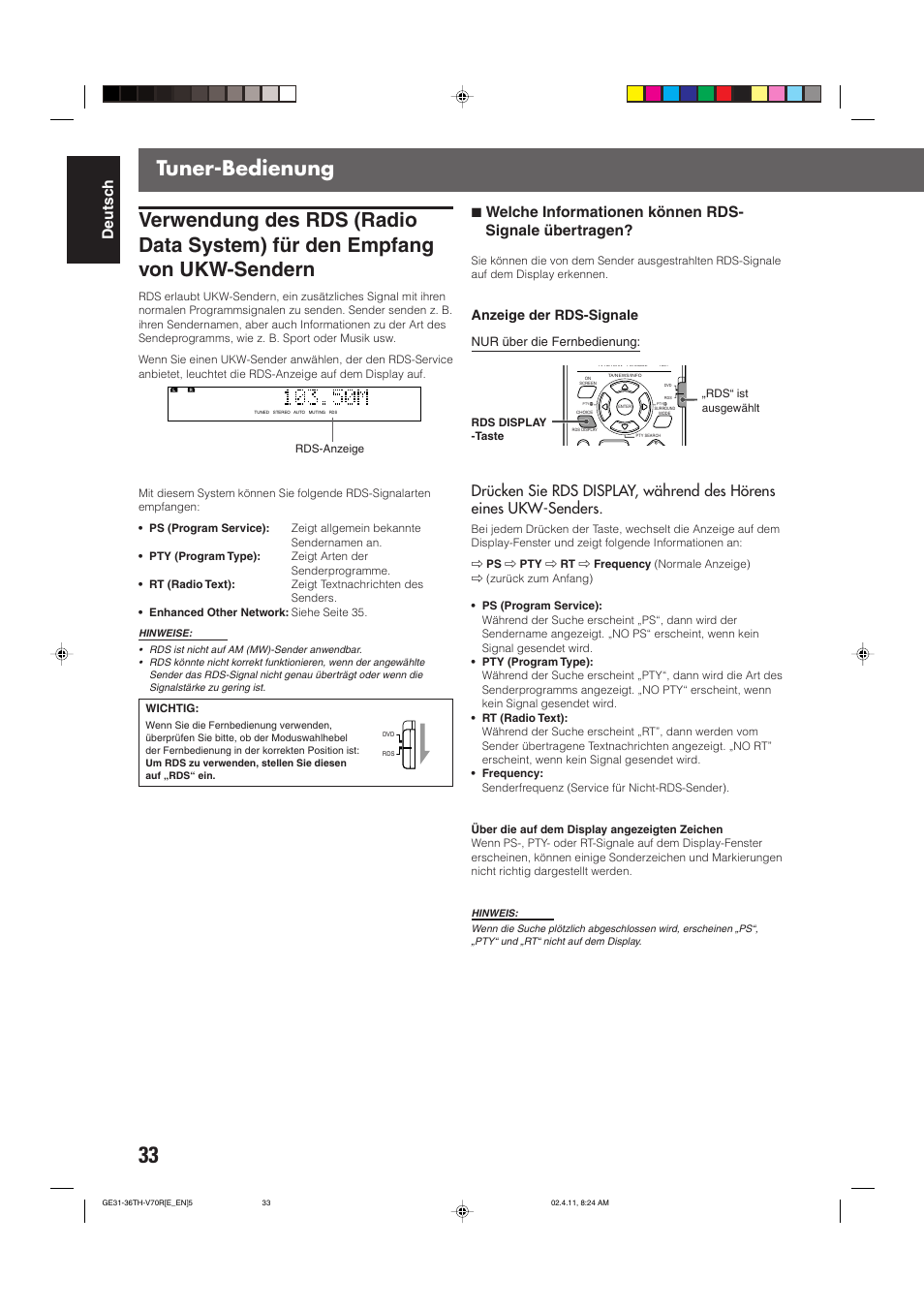 Tuner-bedienung, Deutsch, Anzeige der rds-signale | Nur über die fernbedienung | JVC DVD CINEMA SYSTEM TH-V70R User Manual | Page 38 / 241