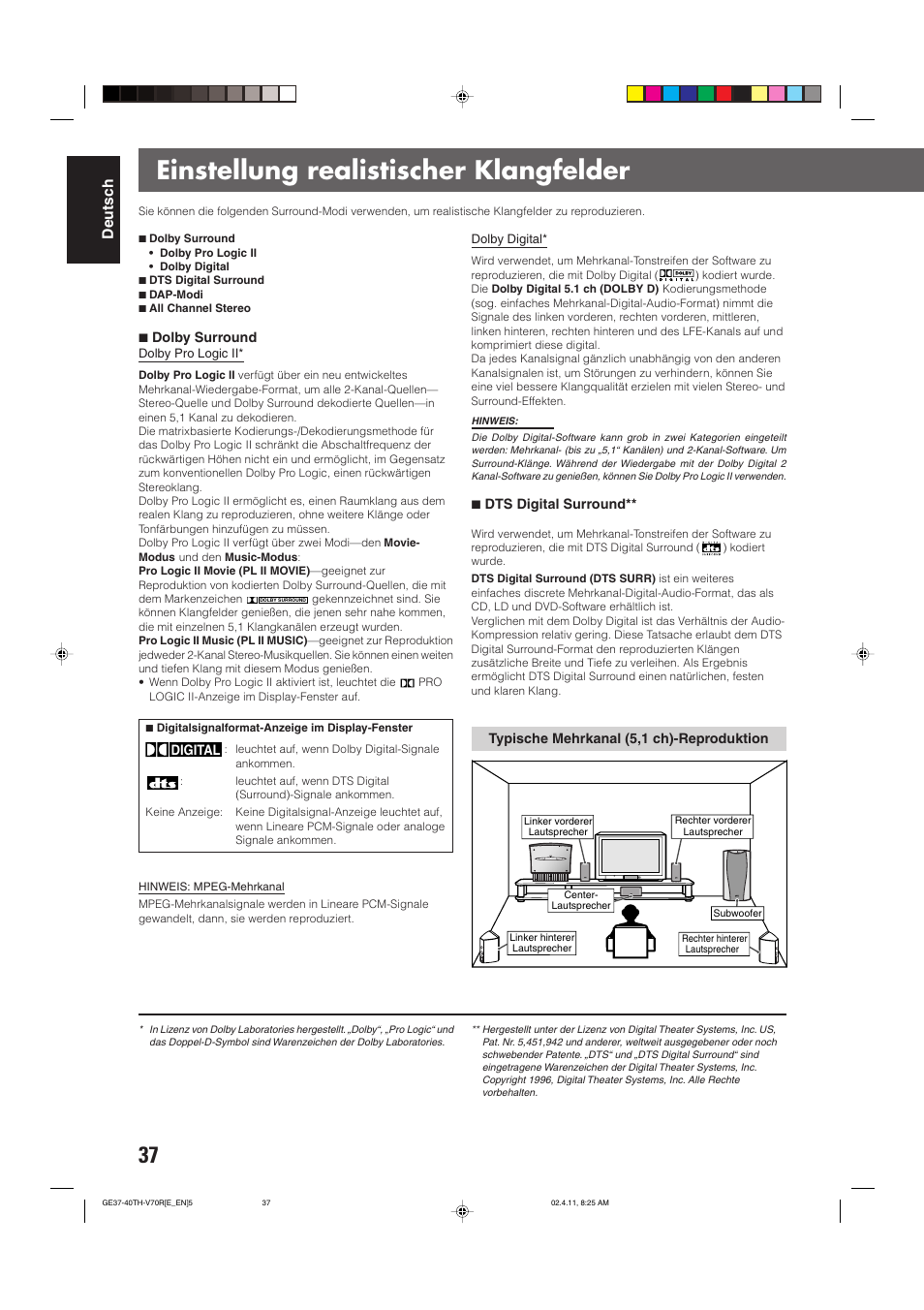 Einstellung realistischer klangfelder, Deutsch | JVC DVD CINEMA SYSTEM TH-V70R User Manual | Page 42 / 241