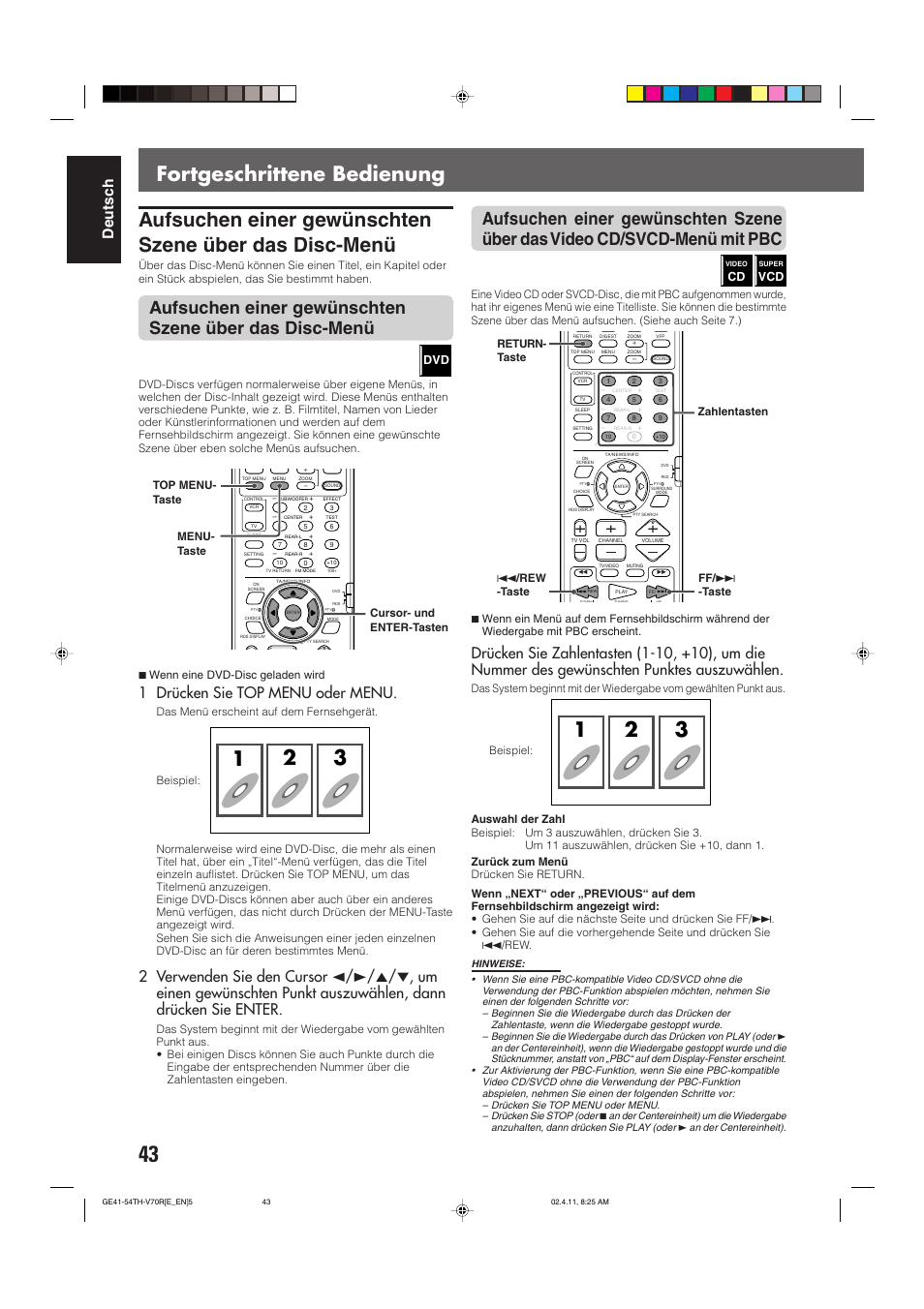 Deutsch, 1 drücken sie top menu oder menu | JVC DVD CINEMA SYSTEM TH-V70R User Manual | Page 48 / 241