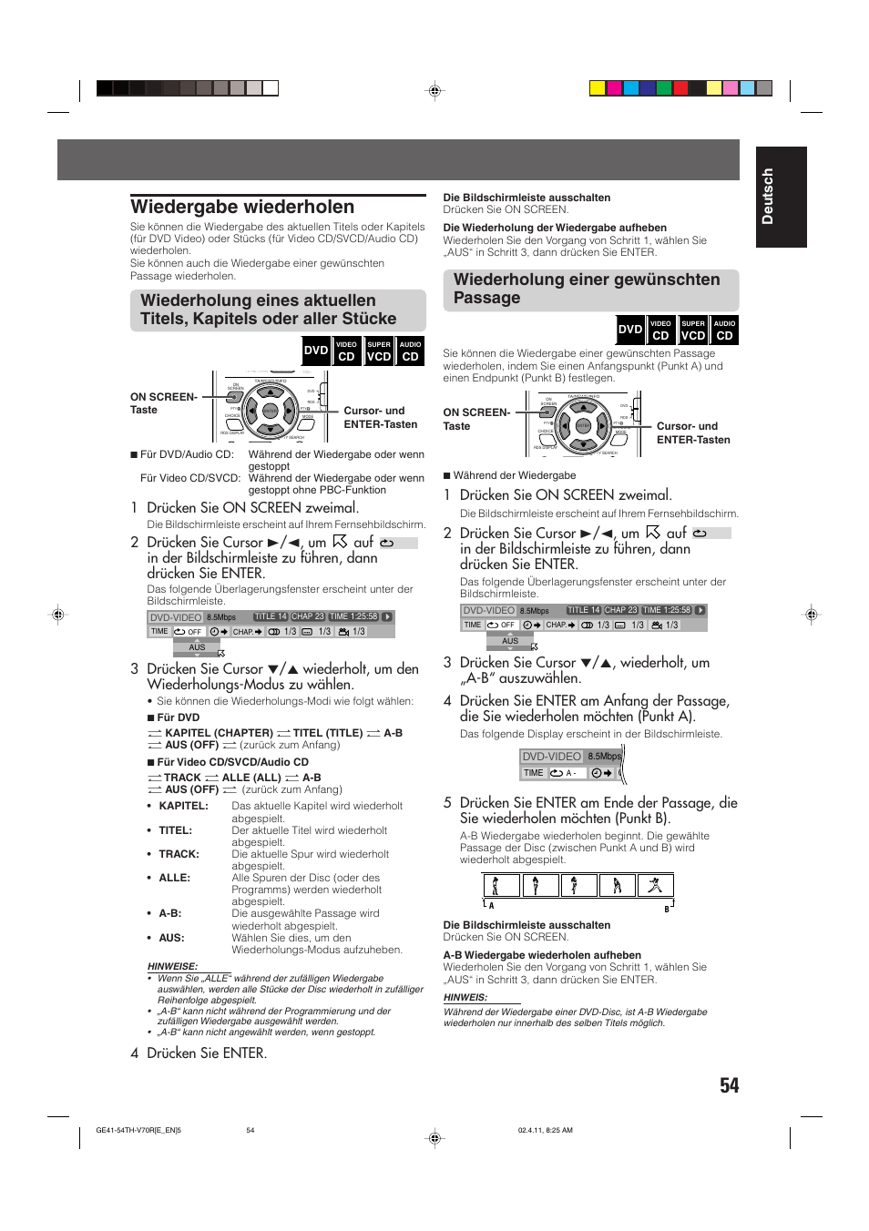 Wiedergabe wiederholen, Wiederholung einer gewünschten passage, Deutsch | 1 drücken sie on screen zweimal, 4 drücken sie enter | JVC DVD CINEMA SYSTEM TH-V70R User Manual | Page 59 / 241