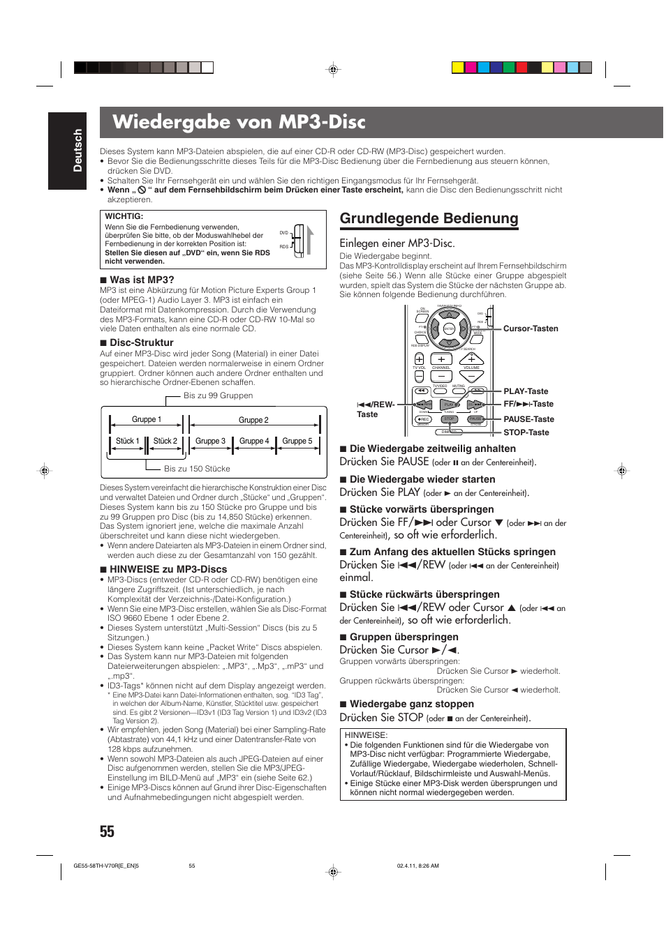 Wiedergabe von mp3-disc, Grundlegende bedienung, Deutsch | Einlegen einer mp3-disc, Drücken sie pause, Drücken sie play, Drücken sie ff/ ¢ oder cursor, So oft wie erforderlich, Drücken sie 4/rew, Einmal | JVC DVD CINEMA SYSTEM TH-V70R User Manual | Page 60 / 241
