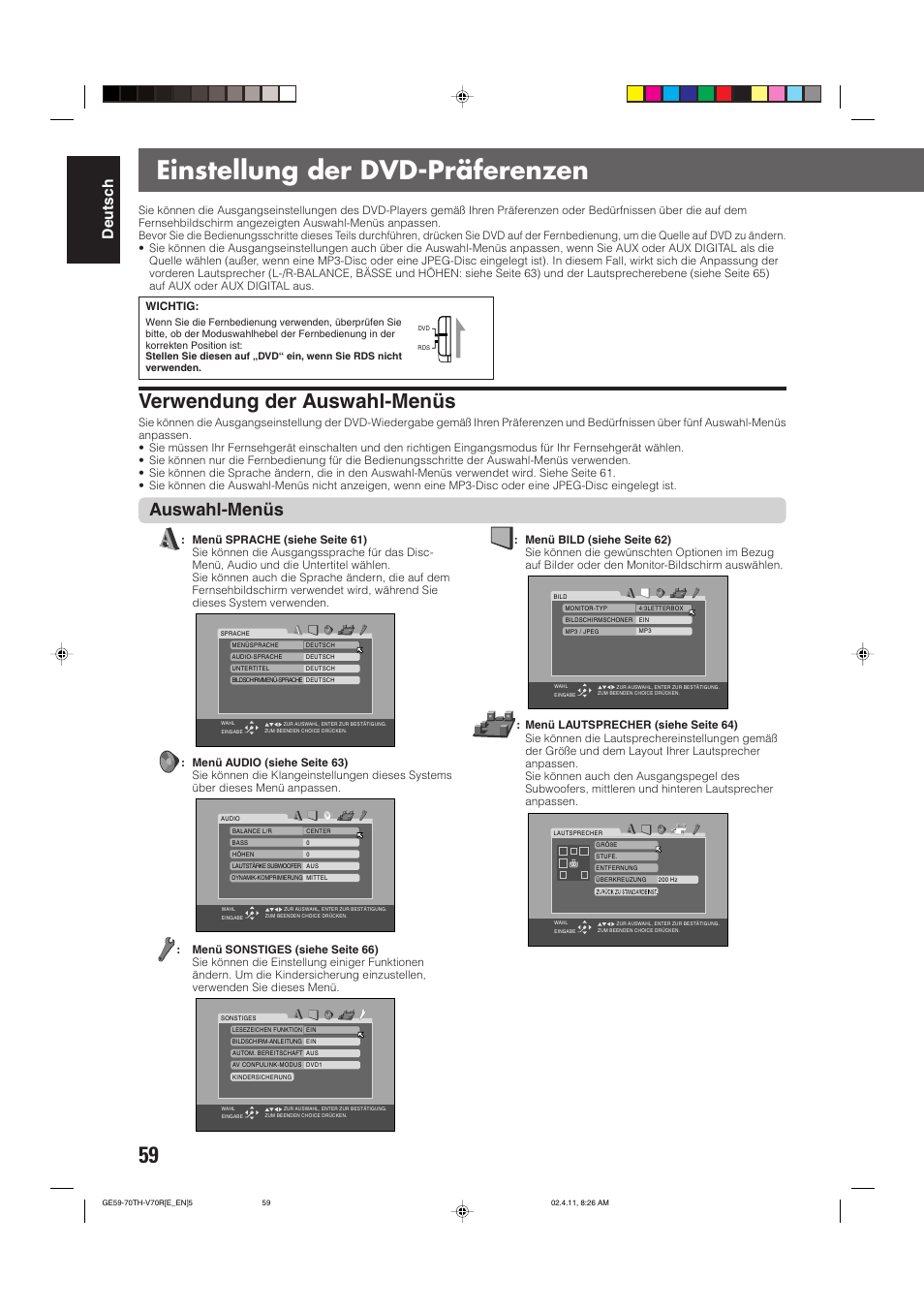 Einstellung der dvd-präferenzen, Verwendung der auswahl-menüs, Auswahl-menüs | Deutsch | JVC DVD CINEMA SYSTEM TH-V70R User Manual | Page 64 / 241