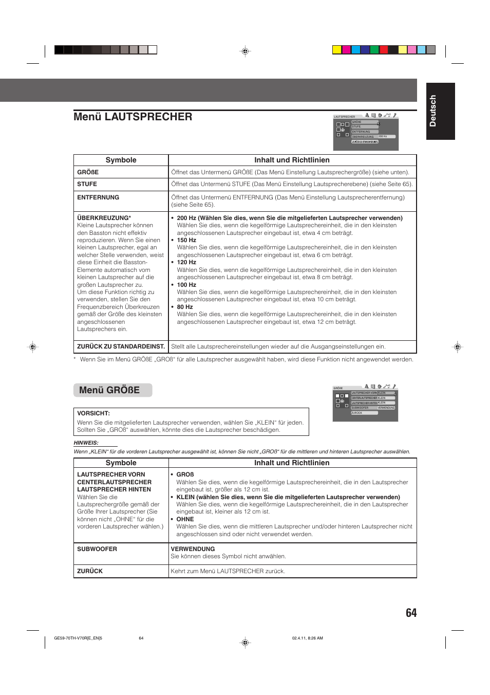 Menü lautsprecher, Menü größe, Deutsch | Symbole, Inhalt und richtlinien | JVC DVD CINEMA SYSTEM TH-V70R User Manual | Page 69 / 241