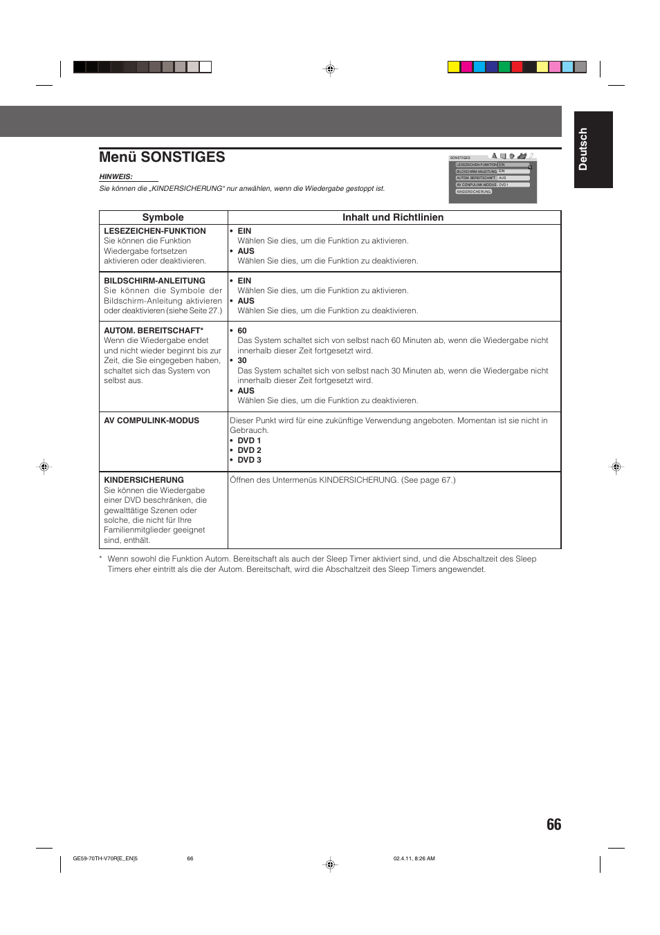 Menü sonstiges, Deutsch, Symbole | Inhalt und richtlinien | JVC DVD CINEMA SYSTEM TH-V70R User Manual | Page 71 / 241