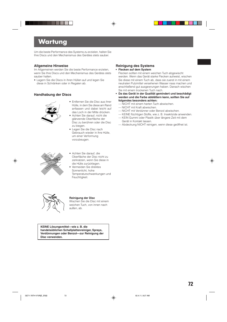 Wartung | JVC DVD CINEMA SYSTEM TH-V70R User Manual | Page 77 / 241