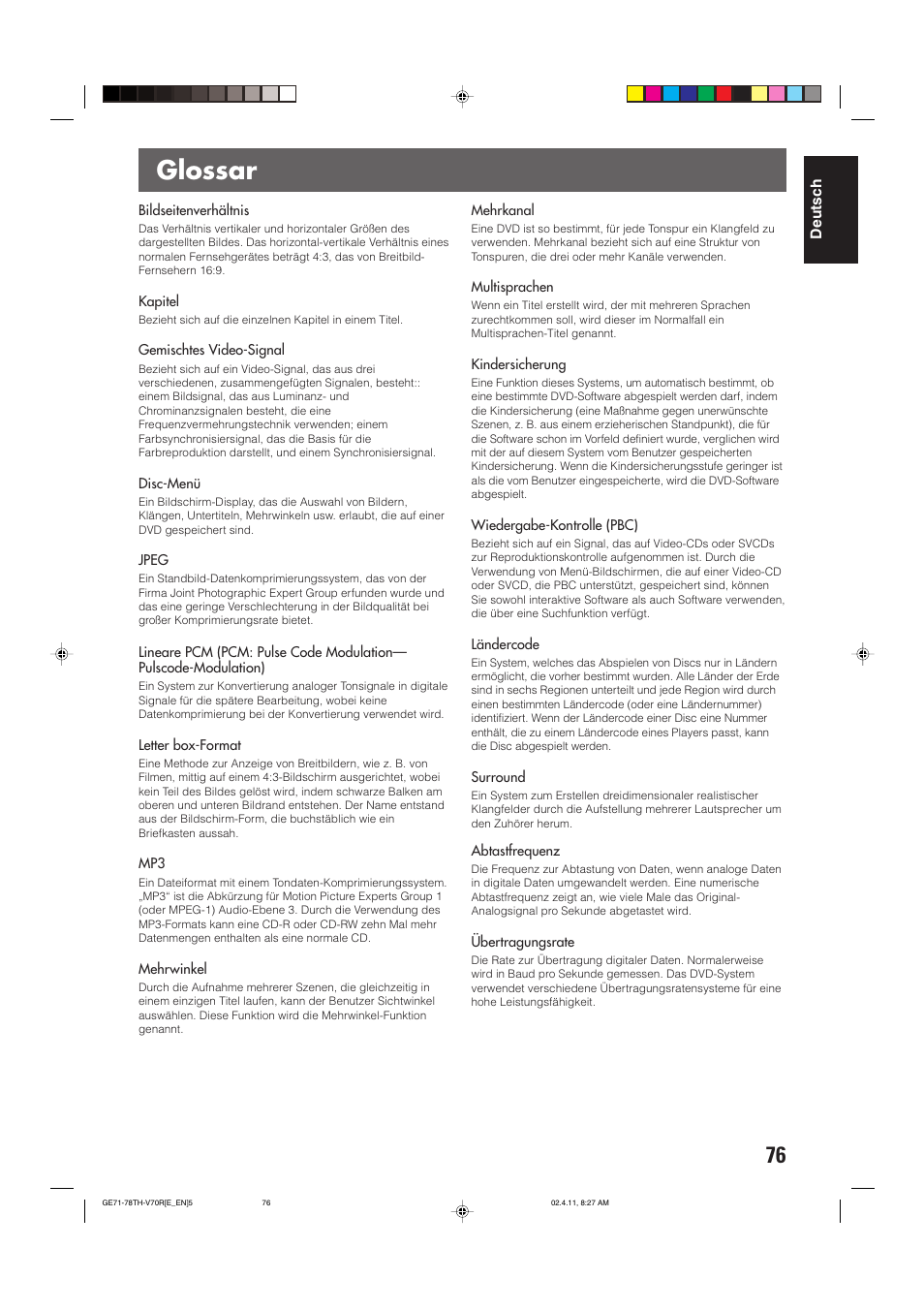 Glossar | JVC DVD CINEMA SYSTEM TH-V70R User Manual | Page 81 / 241