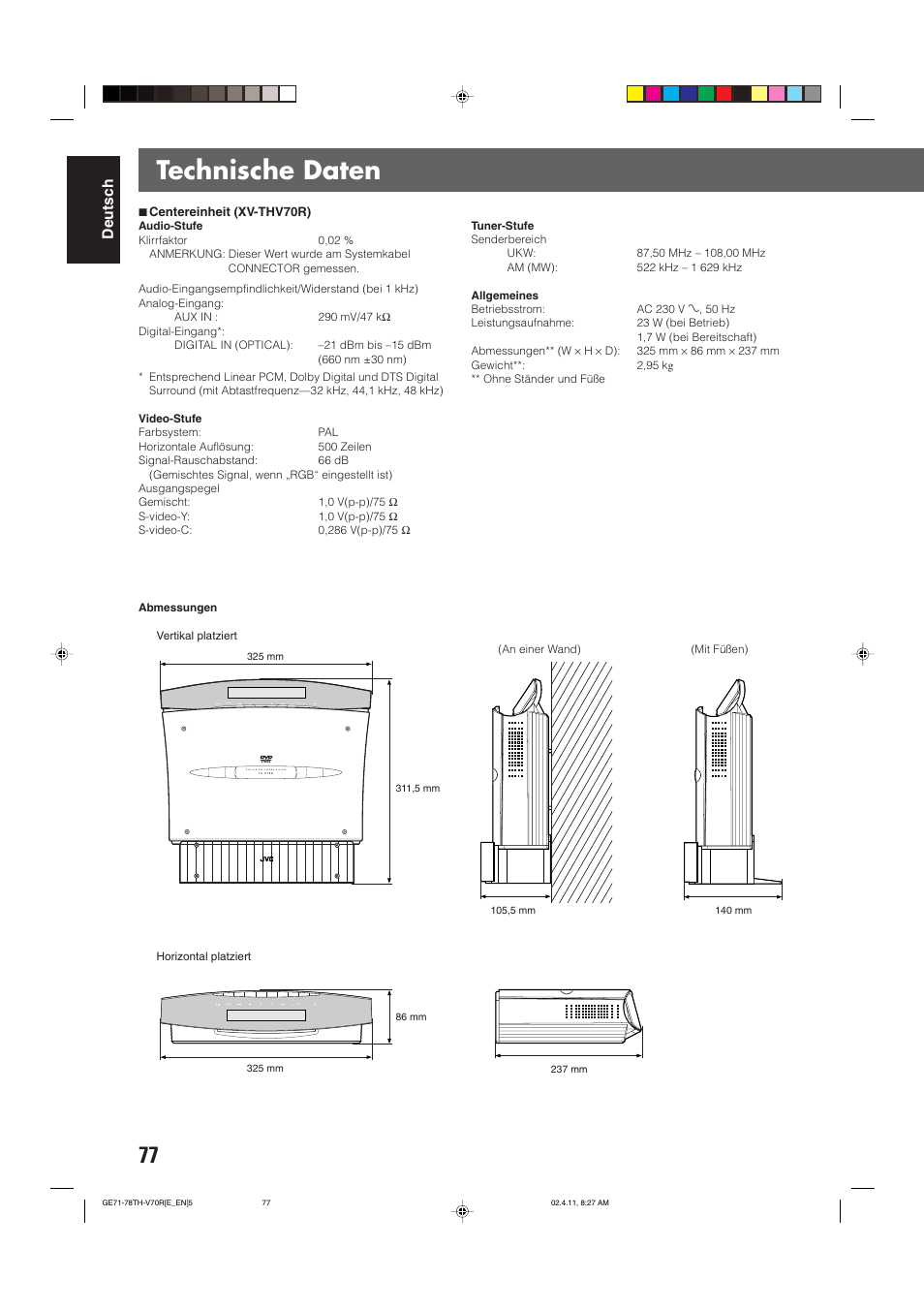 Technische daten, Deutsch | JVC DVD CINEMA SYSTEM TH-V70R User Manual | Page 82 / 241