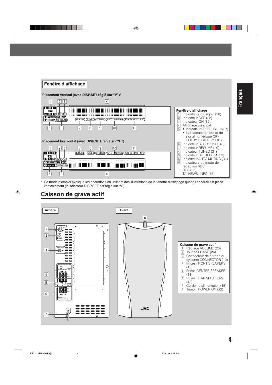 Caisson de grave actif, Fran ç ais fenêtre d’affichage | JVC DVD CINEMA SYSTEM TH-V70R User Manual | Page 87 / 241