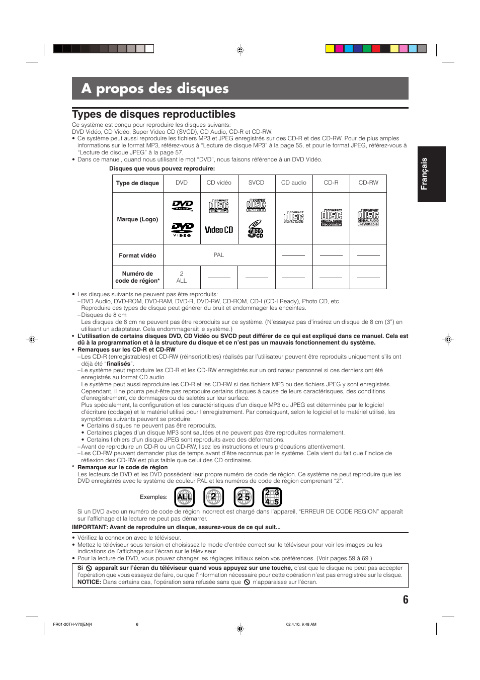 A propos des disques, Types de disques reproductibles | JVC DVD CINEMA SYSTEM TH-V70R User Manual | Page 89 / 241