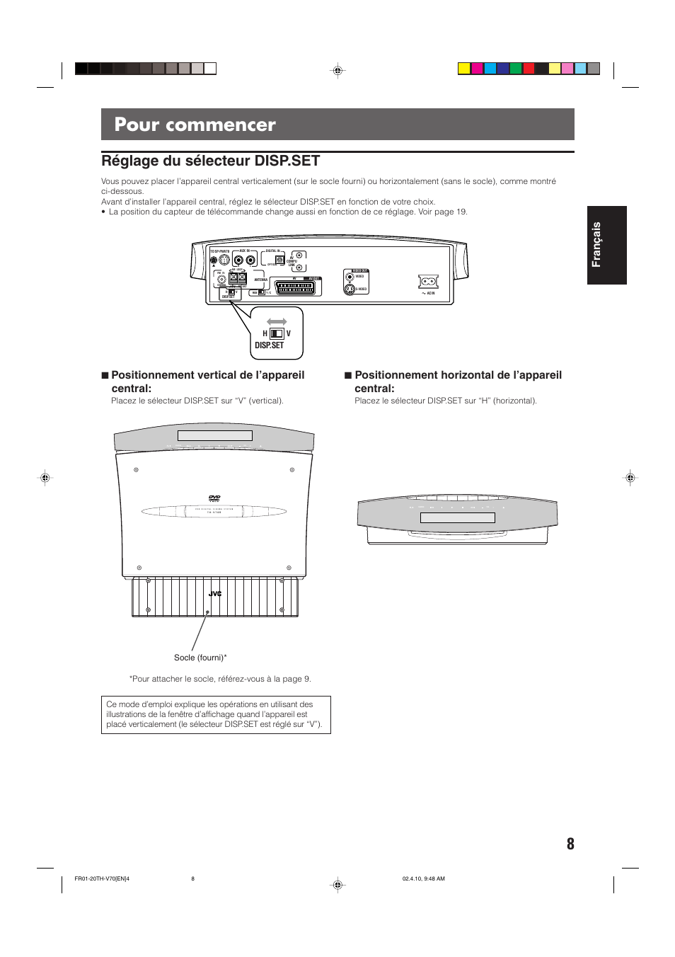 Pour commencer, Réglage du sélecteur disp.set, Fran ç ais | 7 positionnement vertical de l’appareil central, 7 positionnement horizontal de l’appareil central | JVC DVD CINEMA SYSTEM TH-V70R User Manual | Page 91 / 241